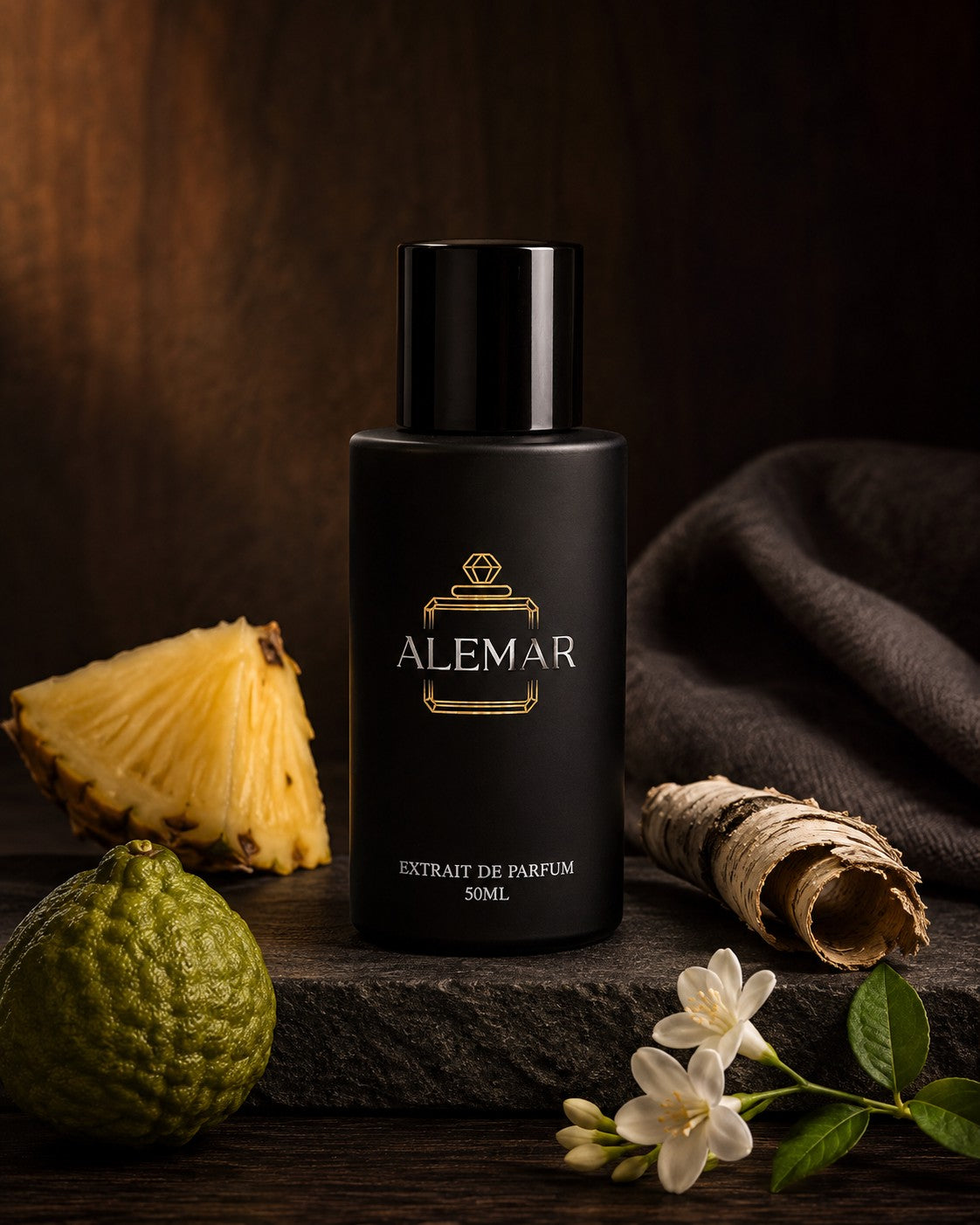 Alemar P001 woody extrait de parfum 50ml bottle scented with pineapple and birch