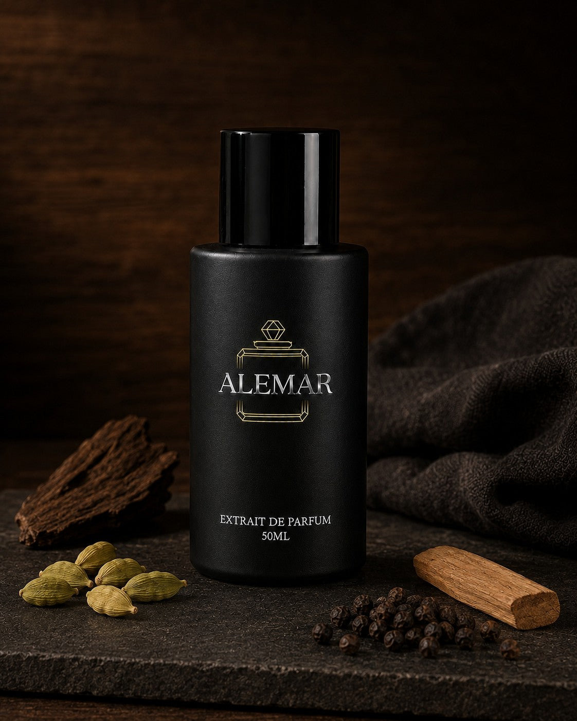 Alemar P008 woody extrait de parfum 50ml bottle scented with oud and sandalwood
