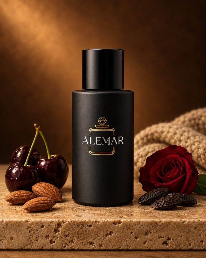 Alemar P032 gourmand extrait de parfum 50ml bottle scented with black cherry and almond