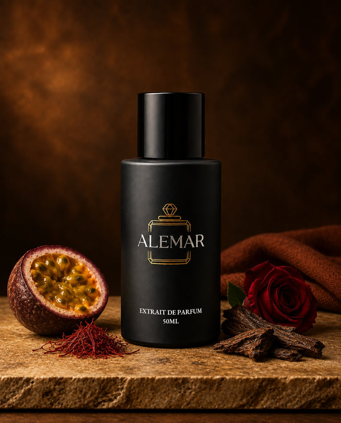 Alemar P037 amber extrait de parfum 50ml bottle scented with passionfruit and oud