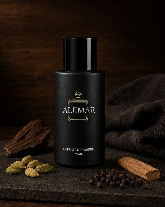 Alemar P008 woody extrait de parfum 50ml bottle scented with oud and sandalwood